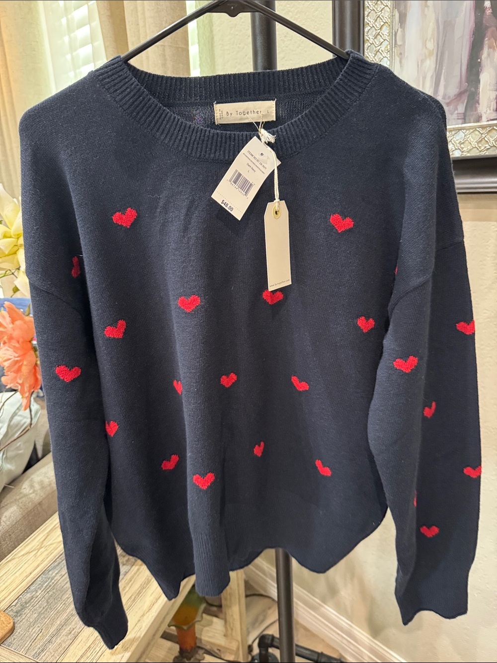 By Together Navy Crewneck Sweater with Red Heart Motif
